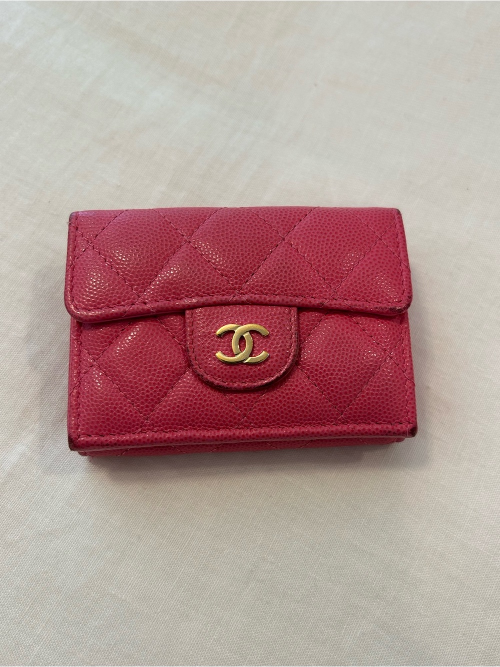 CHANEL Hot Pink Quilted Card Case with Gold CC Emblem